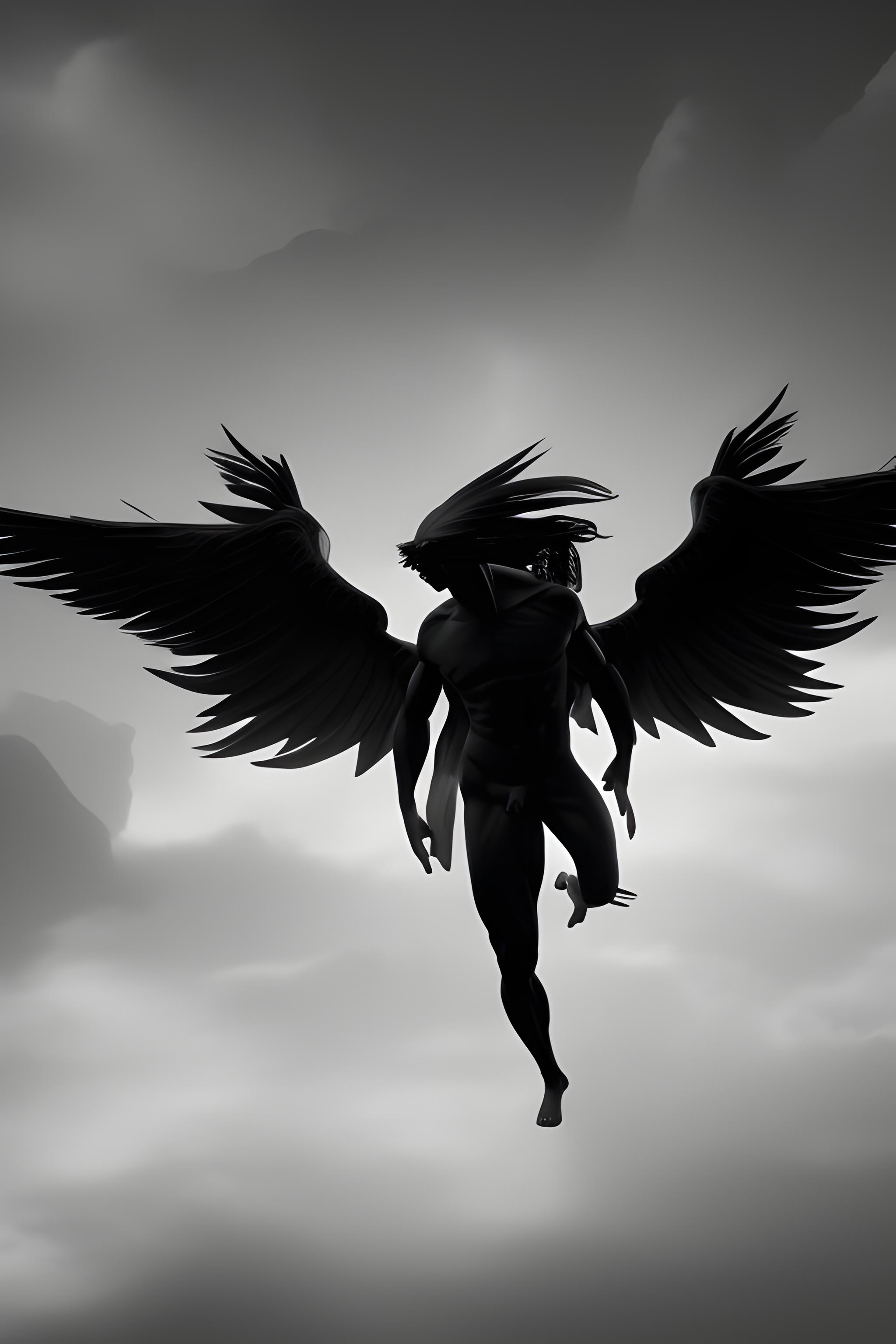 A cinematic, dark and minimalist depiction of Icarus falling from the sky, inspired by classical Greek mythology. The scene is dominated by deep blacks, charcoal gray and subtle bronze-gold highlights. Icarus is positioned slightly below center, with large, elegant wings partially spread and feathers dissolving into darkness. His body and wings should have strong silhouette definition but remain partially obscured by shadows. Above him, an enormous dark sky fades into a subtle black-to-deep-blue gradient, with a distant, muted golden sun breaking through the darkness. Very subtle clouds and atmospheric haze create a sense of immense depth and isolation. Dramatic chiaroscuro lighting, high contrast, soft volumetric light, fine art painting aesthetic, dark baroque atmosphere, sophisticated a